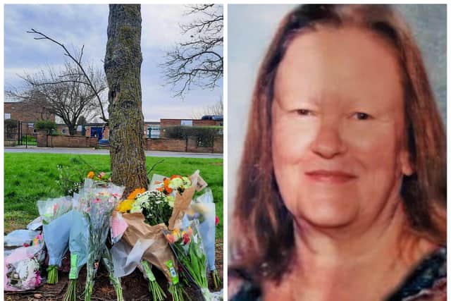 Floral tributes have been laid in memory of Doncaster teacher Pam Johnson outside the school where she worked.