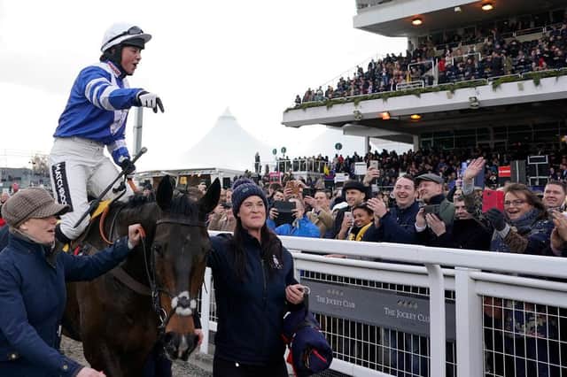 Bryony Frost celebrates after riding Frodon to win The Ryanair Chase at Cheltenham last year. Photo by Alan Crowhurst/Getty Images