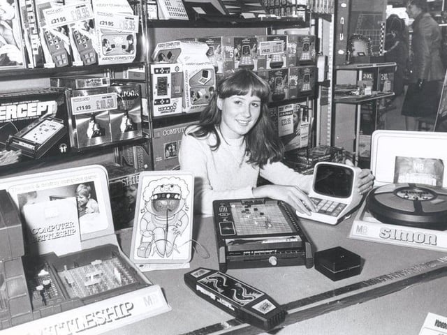 Mandy Nunn and electronic toys at Redgates, Sheffield in November 1979.