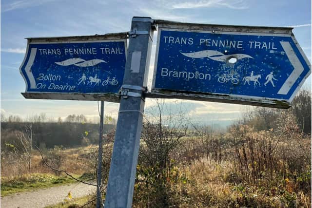 Signs on the Trans Pennine Trail have been blasted with shotguns.
