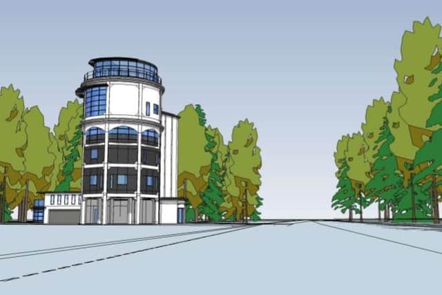 An artist's impression of the exterior of the planned five storey home within a current water tower