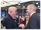 Doncaster Sheffield Airport campaigner Mark Chadwick celebrates with South Yorkshire Mayor Oliver Coppard. (Photo: Doncaster Chamber).