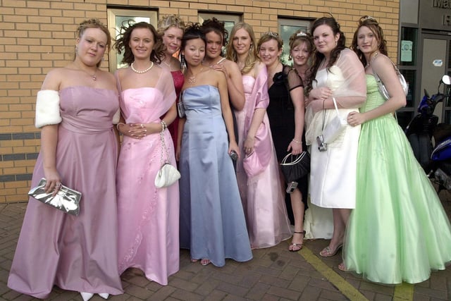 Edlington Year11 school prom at Doncaster Rugby Club.  Pictured, left to right,  China Jones, Rebecca McKay, Emma Broadhurst, Rachael Kong, Louise Clarke, Samatha Hunt, Kirsty Russell, Chloe Wright, Chantelle Parkes, November 2000