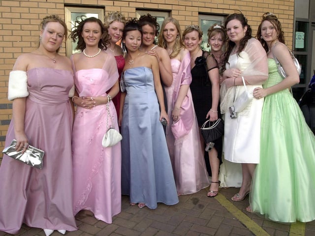 Edlington Year11 school prom at Doncaster Rugby Club. Pictured, left to right, China Jones, Rebecca McKay, Emma Broadhurst, Rachael Kong, Louise Clarke, Samatha Hunt, Kirsty Russell, Chloe Wright, Chantelle Parkes, November 2000