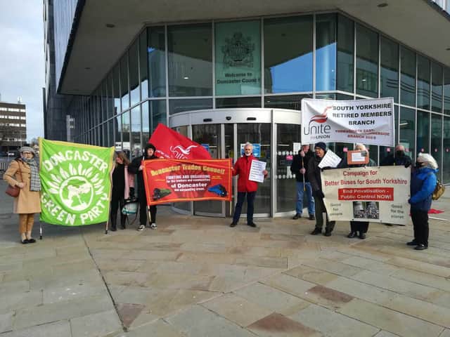 Public transport campaigners outside Doncaster Council's Civic Office