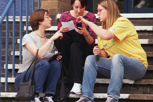 Pupils discuss their A Level results on the steps outside the school in 1999