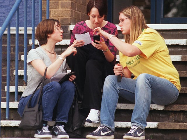 Pupils discuss their A Level results on the steps outside the school in 1999