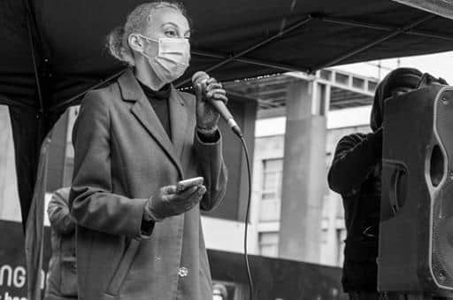 Organiser Olivia Jones speaking at the Black Lives Matter protest.