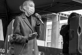 Organiser Olivia Jones speaking at the Black Lives Matter protest.