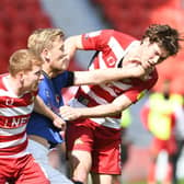 Joe Wright wins a header against Charlton. Picture: Howard Roe/AHPIX