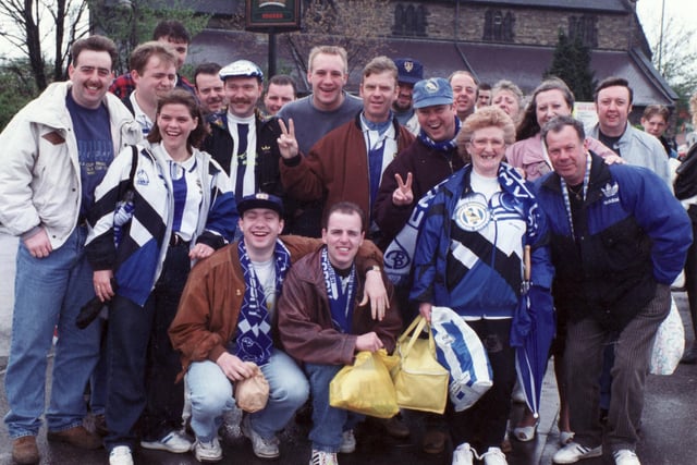 Wednesday fans prepare for the journey to Wembley for the League Cup final against Arsenal in April 1993. Pictured is a group from the Old Crown, Neepsend.