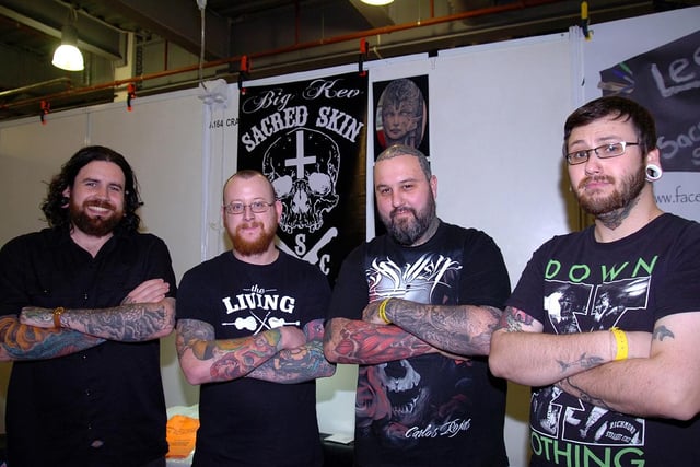 Tattoo Jam at Doncaster Racecourse and Exhibition Centre in 2012. The guys from Doncaster based Sacred Skin (L-R) Ben Fluxx, Lee Denham, Kevin Carlin and Craig Magee.