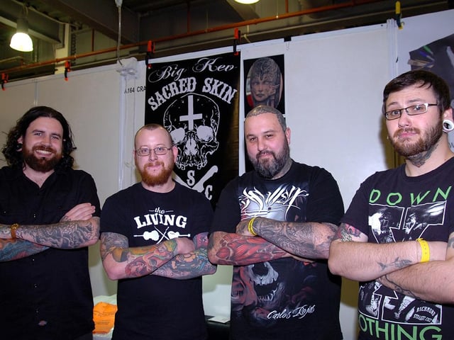 Tattoo Jam at Doncaster Racecourse and Exhibition Centre in 2012. The guys from Doncaster based Sacred Skin (L-R) Ben Fluxx, Lee Denham, Kevin Carlin and Craig Magee.