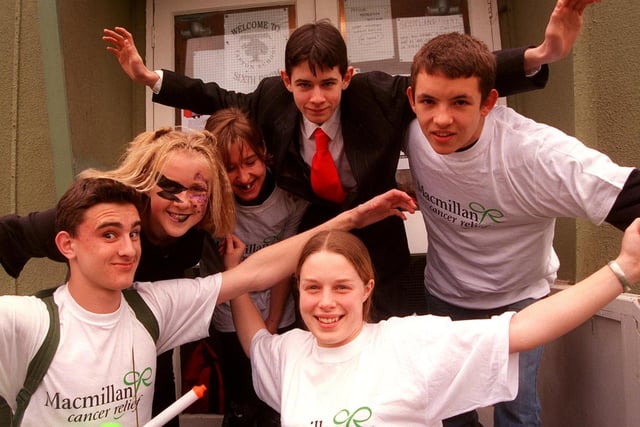 Sixth form pupils at Tapton School, Darwin Lane, Sheffield, held their charity week in 1998. Seen is a group who did a Sponsored Parachute jump for the Macmillan cancer fund. Seen frount LtoR are, Rob Stoor, and Lynne Uttley, Back LtoR are, Laura Carter, Ellen Brooks Pollock, Will McBane, and Tim Keen.