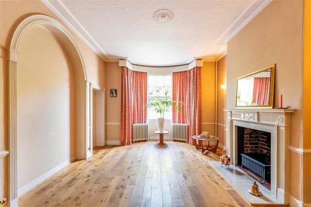 The bright living room has a feature fireplace and sash windows in the bay.