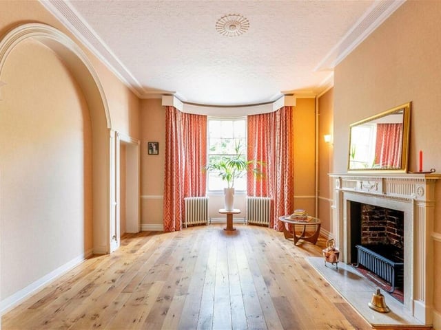 The bright living room has a feature fireplace and sash windows in the bay.