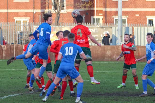 Action from Armthorpe Welfare's defeat to Harrogate Railway Athletic. Photo: Steve Pennock
