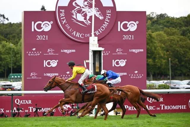 Torquator Tasso win the 2021 Prix de l'Arc de Triomphe at Paris Longchamp. Photo: CHRISTOPHE ARCHAMBAULT/AFP via Getty Images