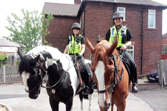Michelle Hudson on police horse Treeton, and Julie Bradshaw on police horse Cubley, outside Edlington Police Station,  Edlington. PIcture: David Kessen