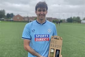 Shay Evans-Booth celebrates being given the man of the match award after scoring four goals in a Doncaster City match earlier this season.