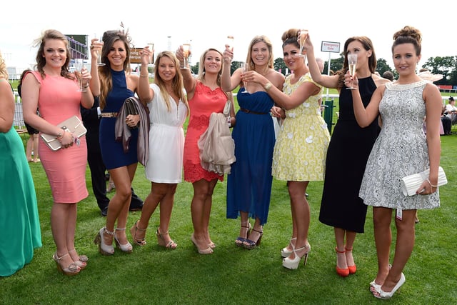 Pictured, from left, on day two of Doncaster's St Leger Festival - ladies' day - are, from left, Faye Durdy, Megan Bramhald, Charlotte Beck, Ginny Dury, Amy Rennison, Jemma Stirland, all of Tickhill, Paige Newton, of Manchester, and Sophie Shackshaft, of Finningley.