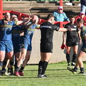 Liam Johnson celebrates his last gasp try at Keighley in the preliminary final. Picture: Howard Roe/AHPIX.com