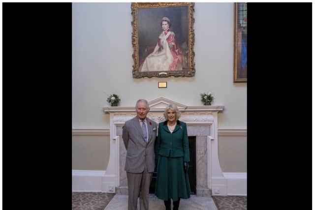 King Charles and Queen Consort Camilla beneath a painting of the late Queen Elizabeth II at Doncaster's Mansion House. (Photo: Doncaster Council).