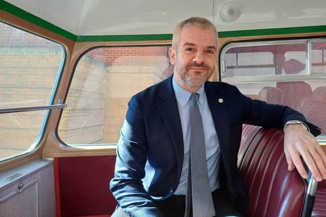 Mayor of South Yorkshire Oliver Coppard aboard a vintage Sheffield 1952 bus on the day that the South Yorkshire Combined Mayoral Authority decided to take buses back under public control, March 18, 2025.