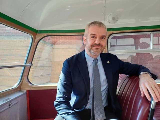 Mayor of South Yorkshire Oliver Coppard aboard a vintage Sheffield 1952 bus on the day that the South Yorkshire Combined Mayoral Authority decided to take buses back under public control, March 18, 2025. Picture: Julia Armstrong, LDRS