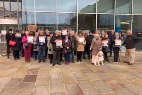 Campaigner's and councillors outside Doncaster Council's Waterdale offices during a Valentine's Day protest against the sale of green space in Rose Hill, Bessacarr. Plans have reportedly been submitted which could result in 166 homes being built on a wooded area used regularly by dog walkers and horse riders.