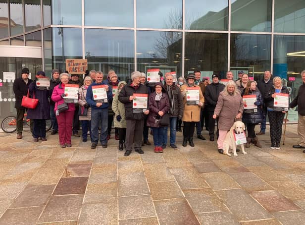 Campaigner's and councillors outside Doncaster Council's Waterdale offices during a Valentine's Day protest against the sale of green space in Rose Hill, Bessacarr. Plans have reportedly been submitted which could result in 166 homes being built on a wooded area used regularly by dog walkers and horse riders.