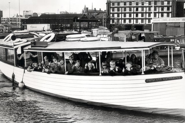 Youngsters from the Beighton Playscheme aboard Princess Katharine, leaving the Sheffield Canal Basin for a trip down the South Yorkshire Navigation Canal on August 13, 1979