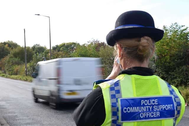 PCSO Julie Gibson, pictured carrying out a Speed Check on Watch House Lane. Picture: NDFP-20-10-20 SpeedCheck 5-NMSY