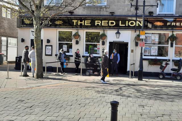 Queues for a pint outside the Red Lion in Doncaster.