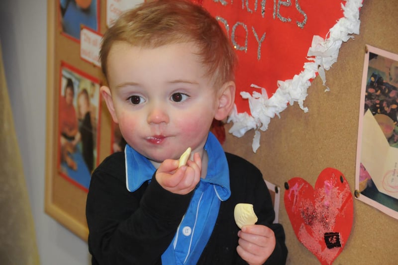 Ethan Richardson enjoys a Valentine's day treat during the Springboard Nursery's combined Chinese New Year and Valentine's party in 2011. It was held for the toddlers and their parents at the centre in Pallion, Sunderland.