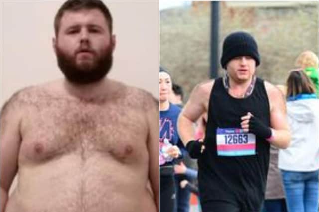 Jordan Madison has shed eight stones and completed a marathon in just over four hours.