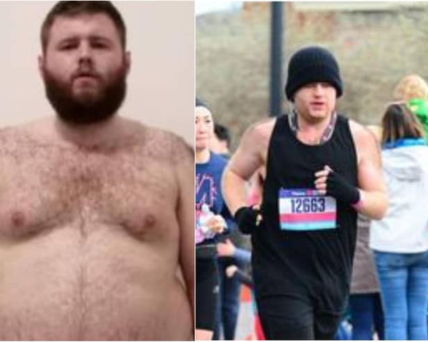 Jordan Madison has shed eight stones and completed a marathon in just over four hours.