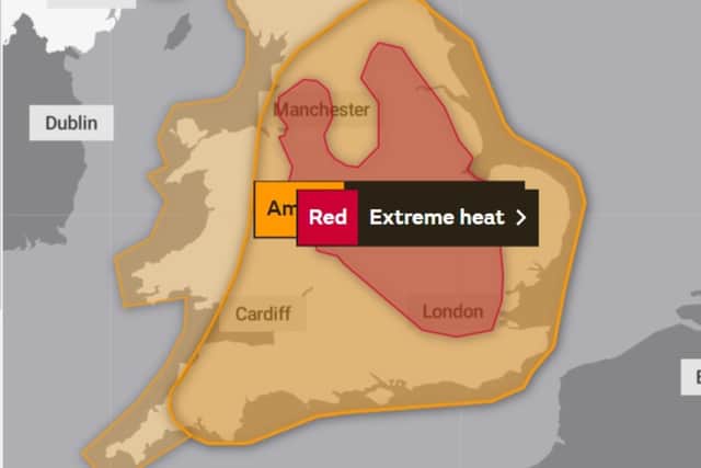 The Met Office has issued an amber weather warning for Doncaster and much of the country ahead of temperatures of up to 36C on Monday, July 17. Image by OpenStreetMap, OpenMapTiles and The Met Office,