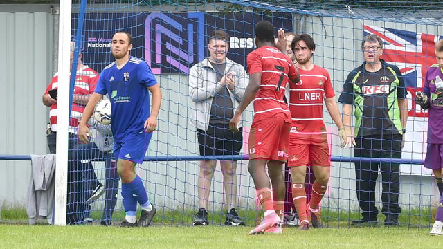 Aidan Barlow celebrates scoring for Rovers in the friendly with Rossington Main. Picture: Andrew Roe/AHPIX