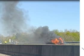 Emergency services are at a car fire on the M18 near Doncaster this afternoon.