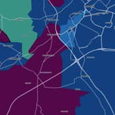 This map shows the case rate per 100,000 people in the Doncaster area for the seven days to November 9. Blue areas have  arate of 200-399, burgundy 400-799, purple 800-plus.