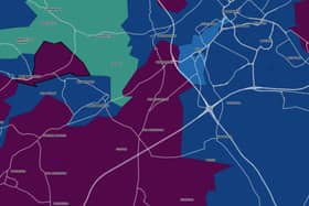 This map shows the case rate per 100,000 people in the Doncaster area for the seven days to November 9. Blue areas have  arate of 200-399, burgundy 400-799, purple 800-plus.