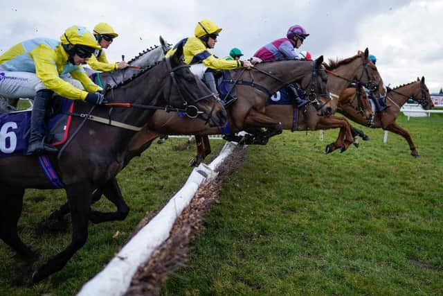 Runners clear a flight of hurdles during The Sky Bet UKs No.1 Betting App Novices' Hurdle at Doncaster Racecourse on January 27, 2023. Photo by Alan Crowhurst/Getty Images