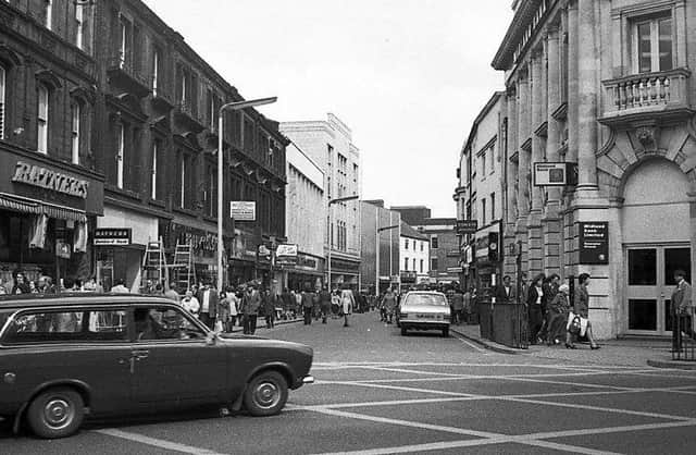 Both St Sepulchre Gate and Baxtergate were open to vehicles when this photo was taken in 1976. Ratners, the jewellery chain is at Clock Corner