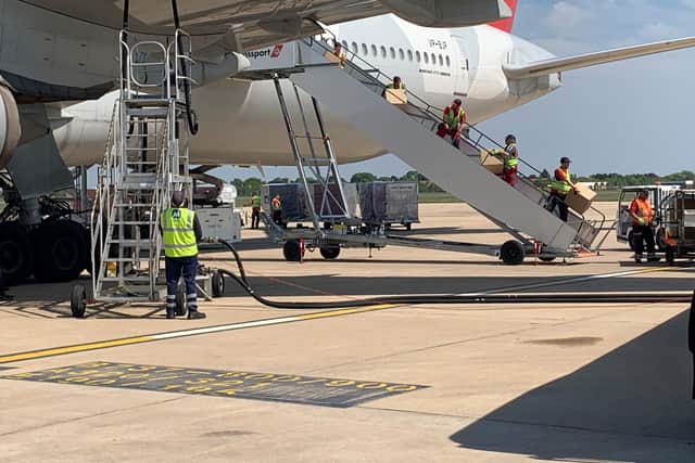 A huge delivery of PPE is unloaded from a plane at Doncaster Sheffield Airport