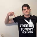 Tommy Robinson supporter "Basil The Great" was barred from Reform's rally in Doncaster over his t-shirt calling for the activist to be freed. (Photo: X/Basil The Great).