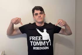 Tommy Robinson supporter "Basil The Great" was barred from Reform's rally in Doncaster over his t-shirt calling for the activist to be freed. (Photo: X/Basil The Great).