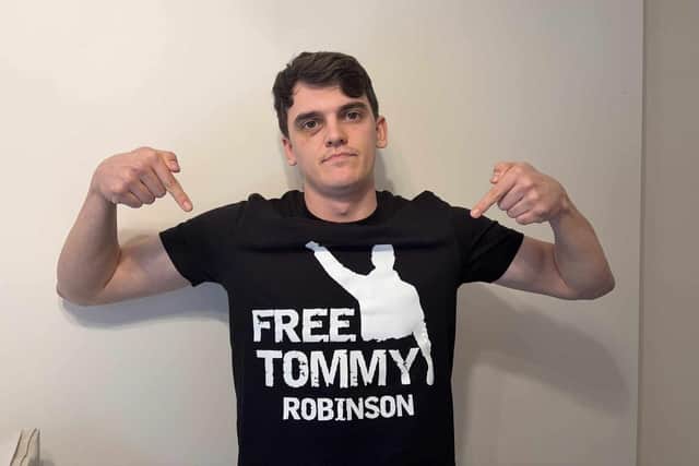 Tommy Robinson supporter "Basil The Great" was barred from Reform's rally in Doncaster over his t-shirt calling for the activist to be freed. (Photo: X/Basil The Great).