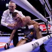 SHEFFIELD, ENGLAND - OCTOBER 07: Connor Coghill reacts after being defeated by Hopey Price during the Featherweight fight between Hopey Price and Connor Coghill at Utilita Arena Sheffield on October 07, 2023 in Sheffield, England. (Photo by James Chance/Getty Images)