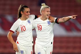 Former Belles striker Bethany England celebrates with Ella Toone after scoring England's seventh goal in their World Cup qualifier against North Macedonia. Photo by Catherine Ivill/Getty Images